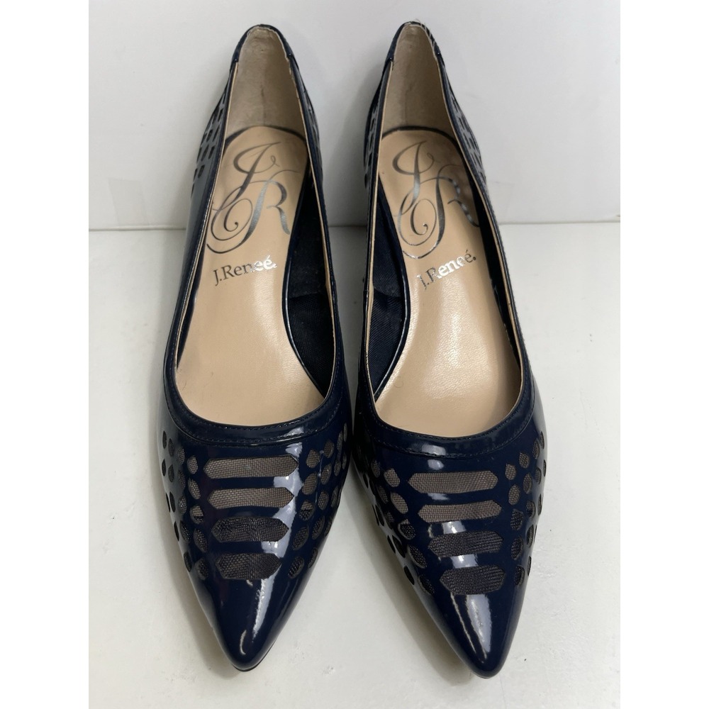J. Renee Navy Patent Laser Cut Pointed Toe Low Wedge Dress Pumps Shoes Sz 10